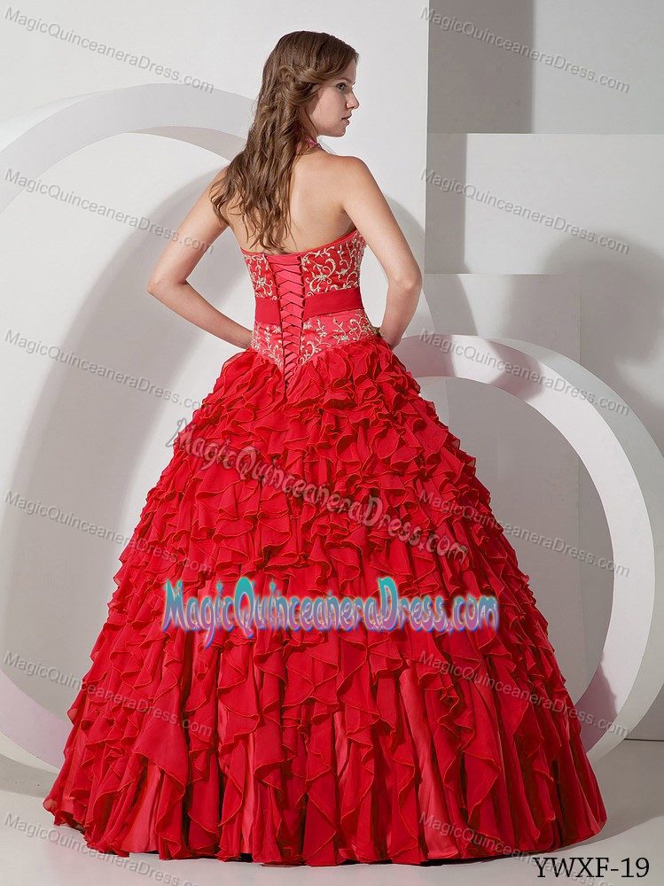 Brand New Halter Embroidered Ruffled Red Sweet 15 Dresses in Style