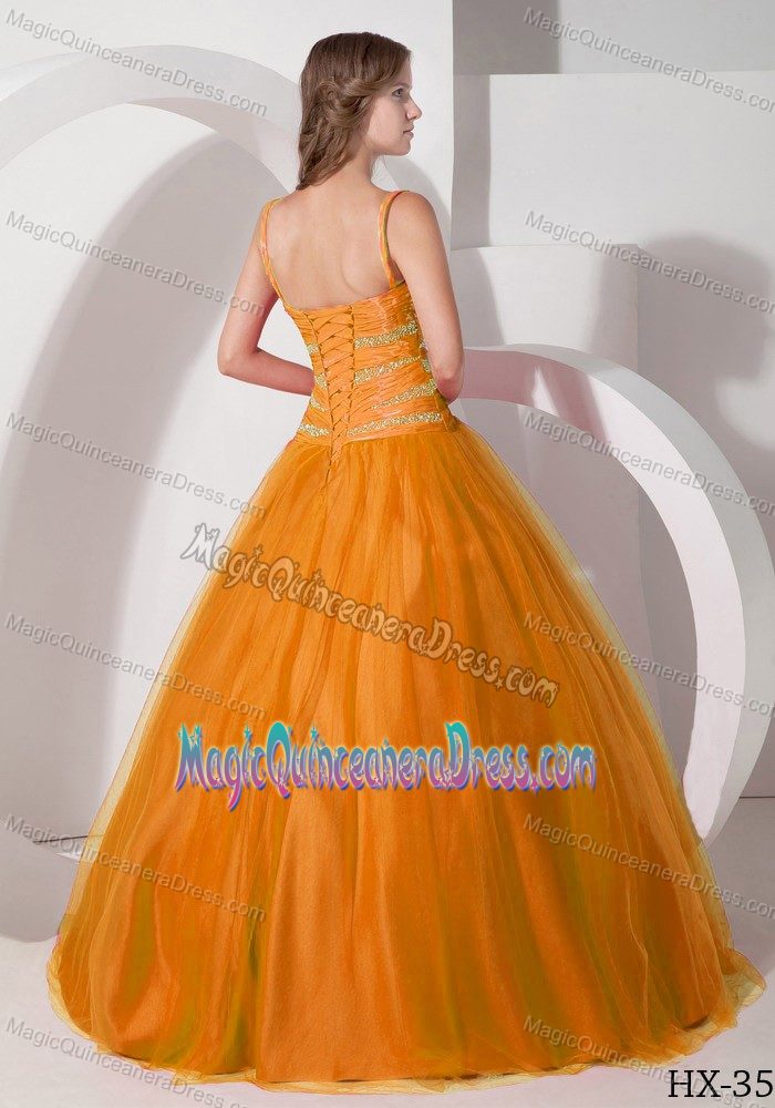 Spaghetti Straps Beaded Orange Ball Gown Quince Dresses Fast Shipping