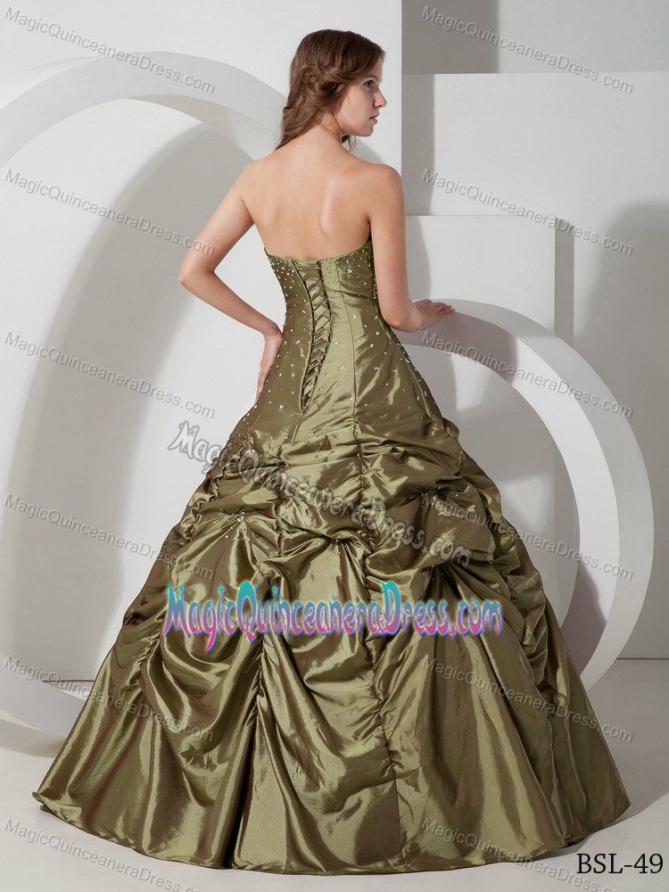 Attractive Beaded Strapless Olive Green Quince Dresses with Pick-ups