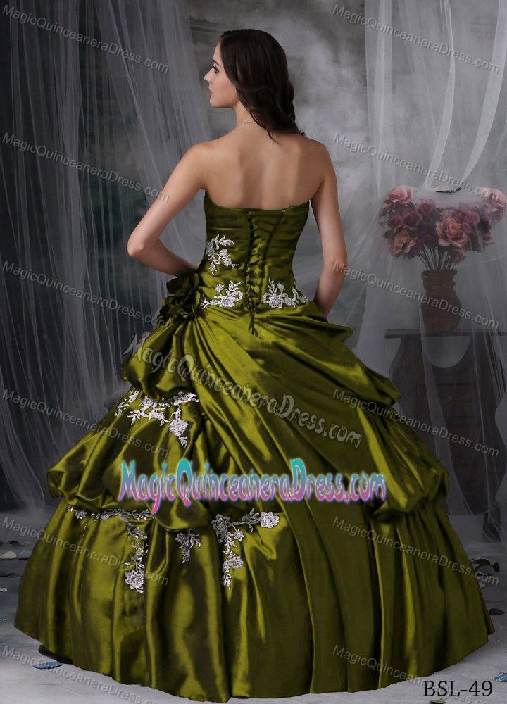 Cheap Taffeta Appliqued Olive Green Quinceanera Gown Dress under 200