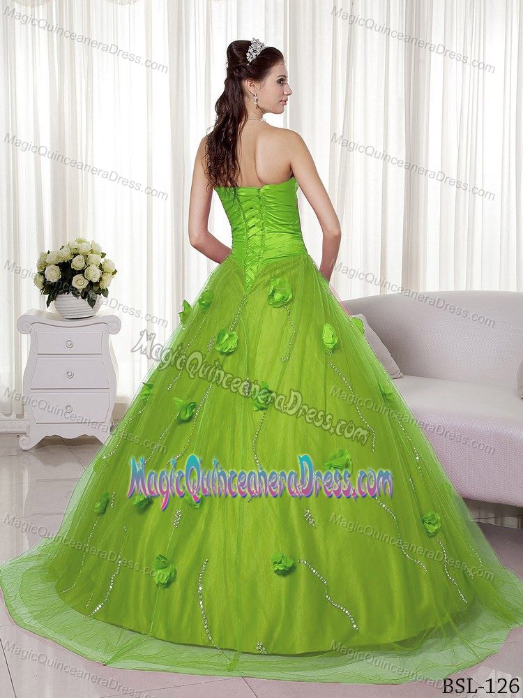 Trendy Spring Green Brush Train Dress for Quinceanera with Handmade Flowers