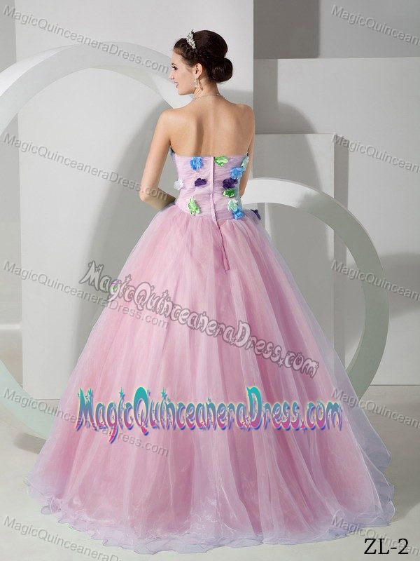 up-To-Date Pink A-line Long Sweet 16 Dresses with Colorful Floral Embellishment