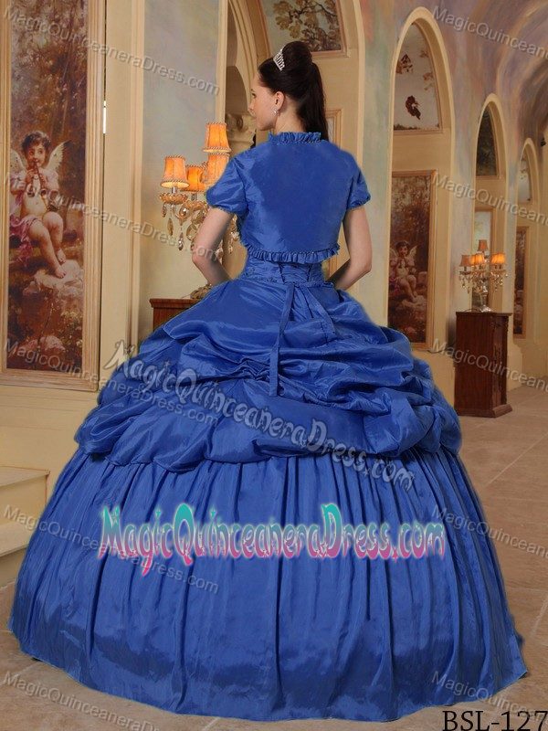 Simple Taffeta Appliqued Blue Quinceanera Gown Dresses with Pick-ups
