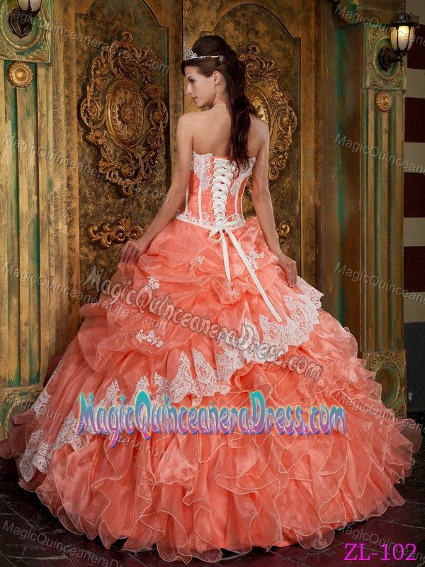 Pretty Orange Red Ruffled Appliqued Sweet Sixteen Dress in Vallenar Chile