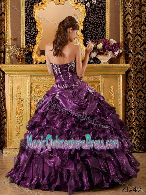 Traditional Dark Purple Ruffled Appliqued Quinceanera Gowns in Fashion