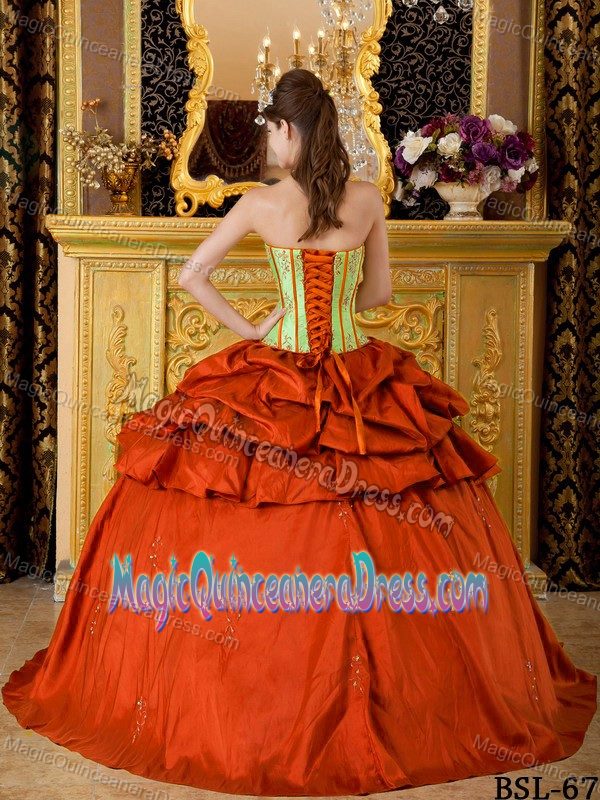 Rust Red and Yellow Green Dress for Quinceanera with Pick-ups and Appliques