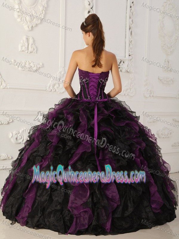 Organza Strapless Purple and Black Quince Dresses with Ruffles and Beads