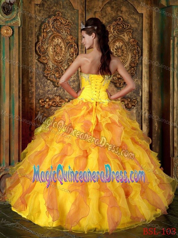 Sweetheart Ruffled Beaded Yellow and Orange Quince Dress for Sale