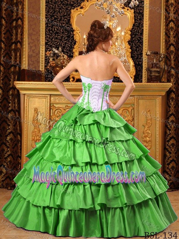 Classy White and Spring Green Tiered Sweet 15 Dress with Embroidery