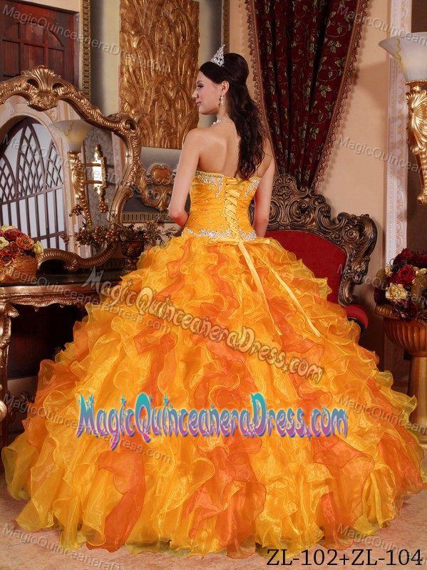 Sweetheart Princess Quinceanera Dress in Orange with Ruffles and Appliques in Goliad