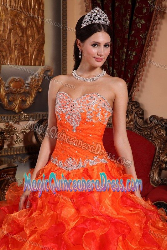 Beautiful Sweetheart Appliqued Ruffled Quinceanera Gowns in Orange