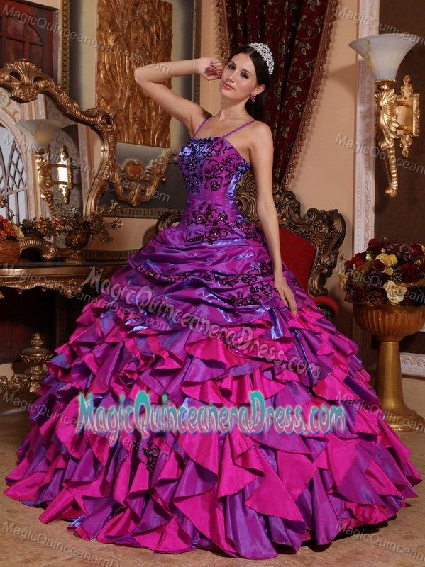 Fuchsia and Purple Spaghetti Straps Dresses for Quinceanera with Embroidery in Euless