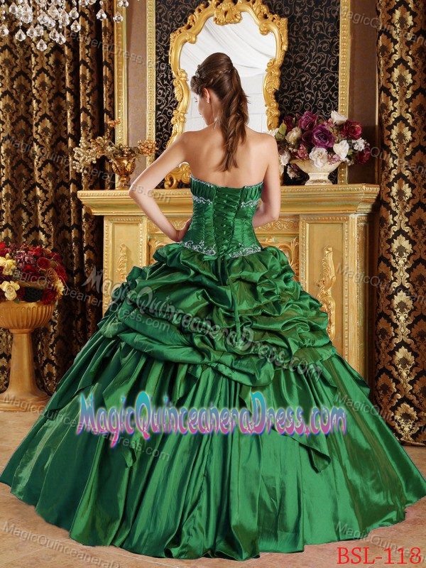 Ruched Green Strapless Floor-length Sweet Sixteen Dresses with Pick-ups in Driftwood