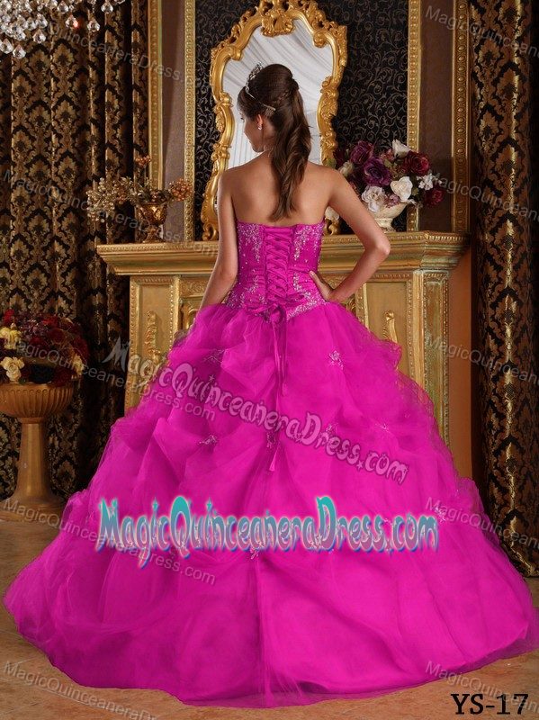 Strapless Floor-length Fuchsia Quinceanera Gown Dress with Appliques and Pick-ups