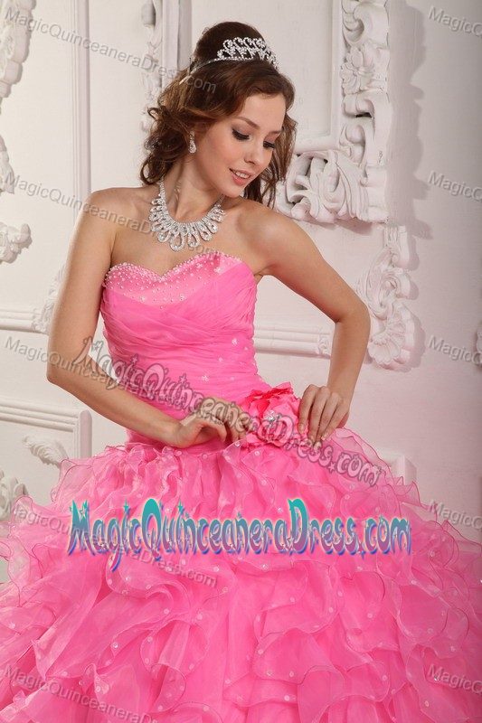 Romantic Rose Pink Sweetheart Floor-length Quince Dresses with Ruffles in Aubrey