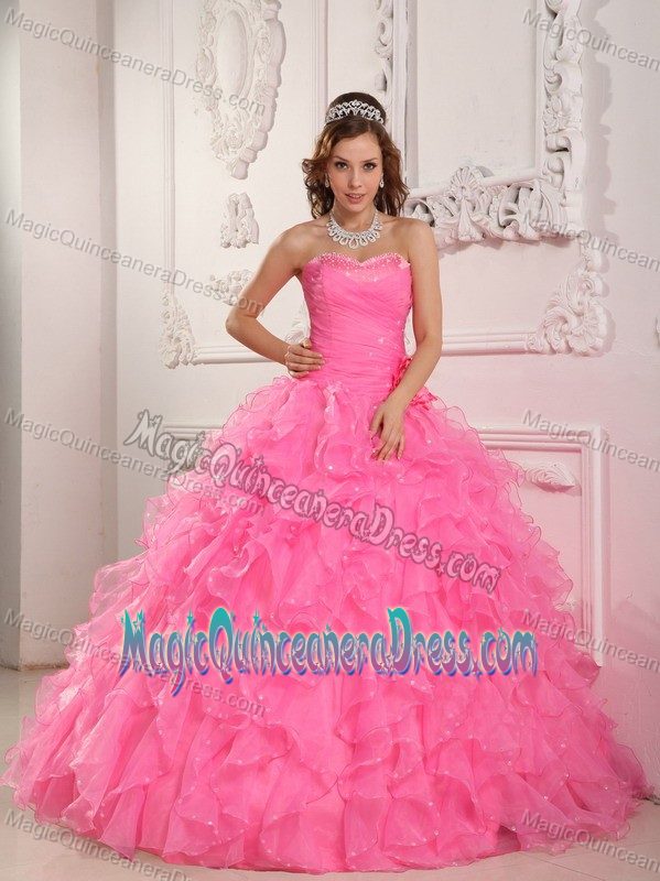 Romantic Rose Pink Sweetheart Floor-length Quince Dresses with Ruffles in Aubrey
