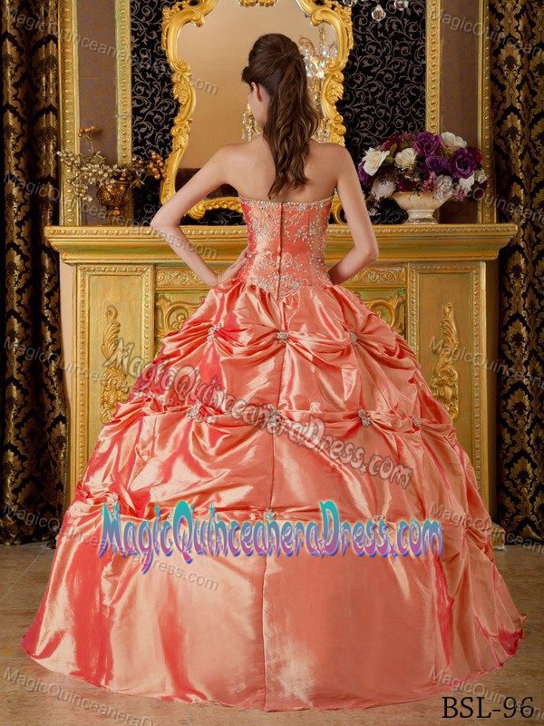 Halter Top Quinceanera Gown in Orange Red with Embroidery and Pick-ups in Bronte