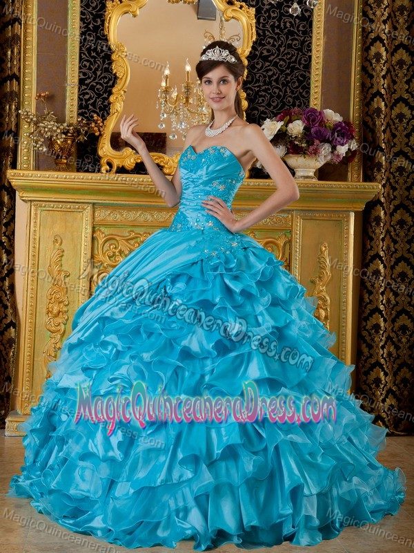 Teal Sweetheart Floor-length Sweet 16 Dresses with Beading and Ruffles in Crockett