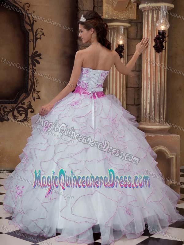 White Ruffled Strapless Floor-length Quinceanera Gown Dresses with Sash in Conroe