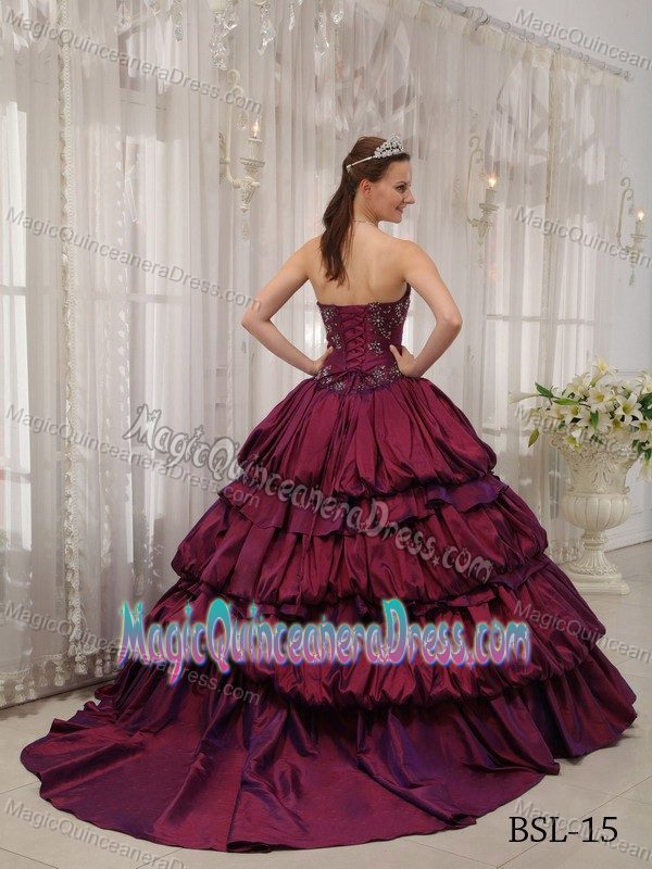 Sweetheart Court Train Dress for Quinceanera in Fuchsia with Beading and Appliques