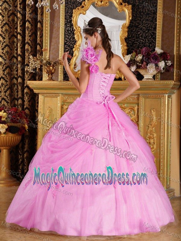 Pink One Shoulder Sweet Sixteen Quinceanera Dresses in Floor-length with Flowers