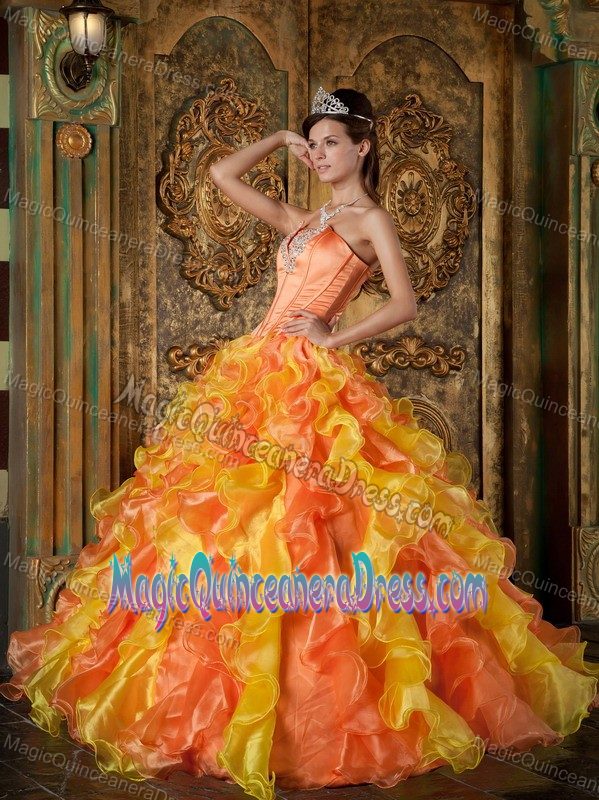 Orange Ruffled Strapless Princess Quinceanera Gown Dress with Appliques in Ona
