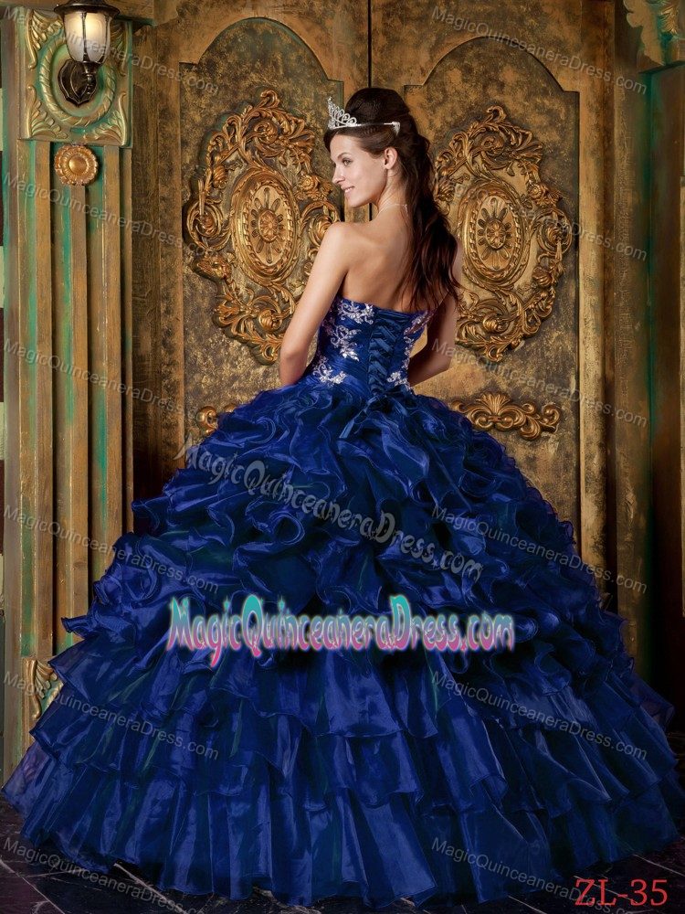 Appliqued and Ruffled Strapless Floor-length Dress for Quinceanera in Dark Blue