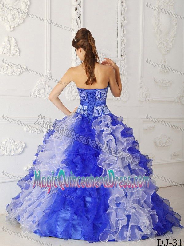 Blue and White Sweetheart Floor-length Quinceanera Gown Dresses with Ruffles