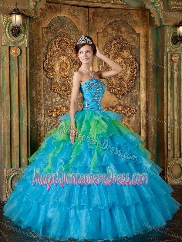 Blue Strapless Princess Dress for Quinceanera with Beading and Ruffles in Hercules