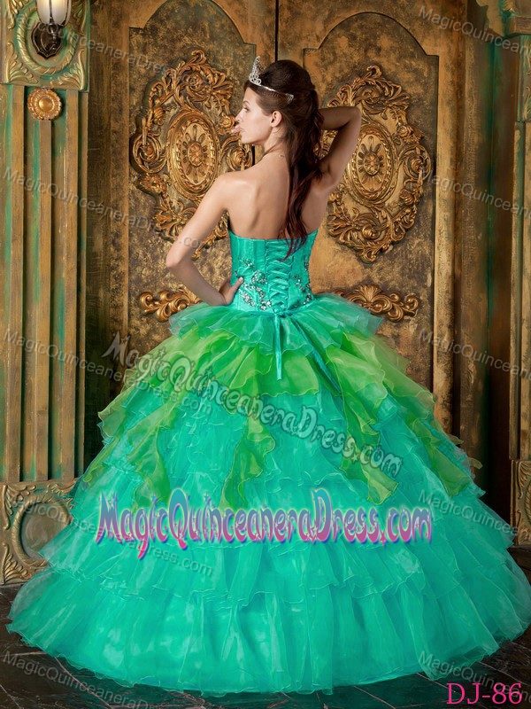 Strapless Floor-length Turquoise Sweet Sixteen Dresses with Beading and Ruffles