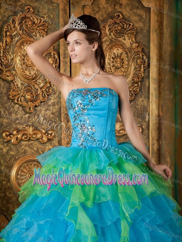 Blue Strapless Princess Dress for Quinceanera with Beading and Ruffles in Hercules