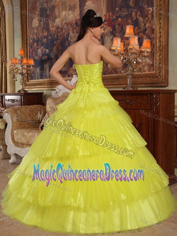Strapless Floor-length Dress for Quinceanera in Yellow with Appliques and Ruffles