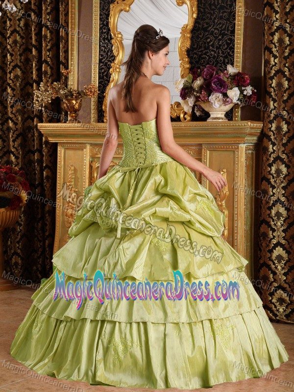 Oliver Green Strapless Floor-length Taffeta Quince Dress with Beading and Pick-ups