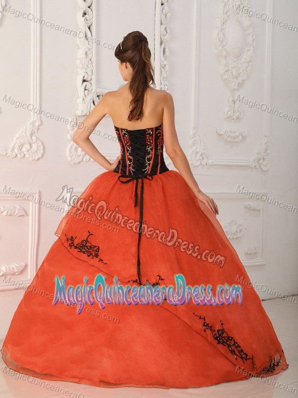 Rust Red Ball Gown Strapless Floor-length Sweet Sixteen Dresses with Appliques
