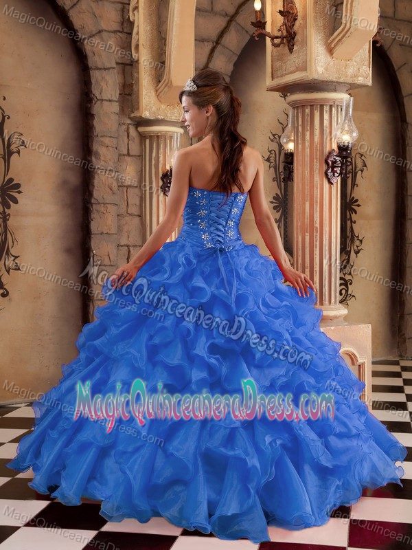 Beaded and Ruffled Sweetheart Princess Blue Quinceanera Gown Dresses in Hemet
