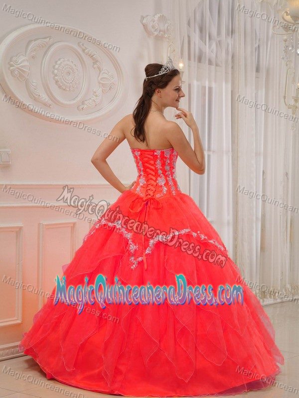 Red Sweetheart Floor-length Sweet Sixteen Dress with Appliques and Lace Up Back