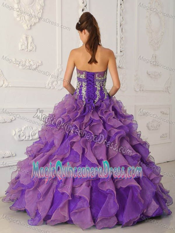 Purple Strapless Floor-length Organza Quinceanera Gown with Ruffles and Appliques