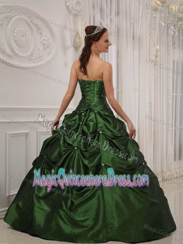 Hunter Green Beaded Strapless Princess Quinceanera Gown Dresses with Pick-ups