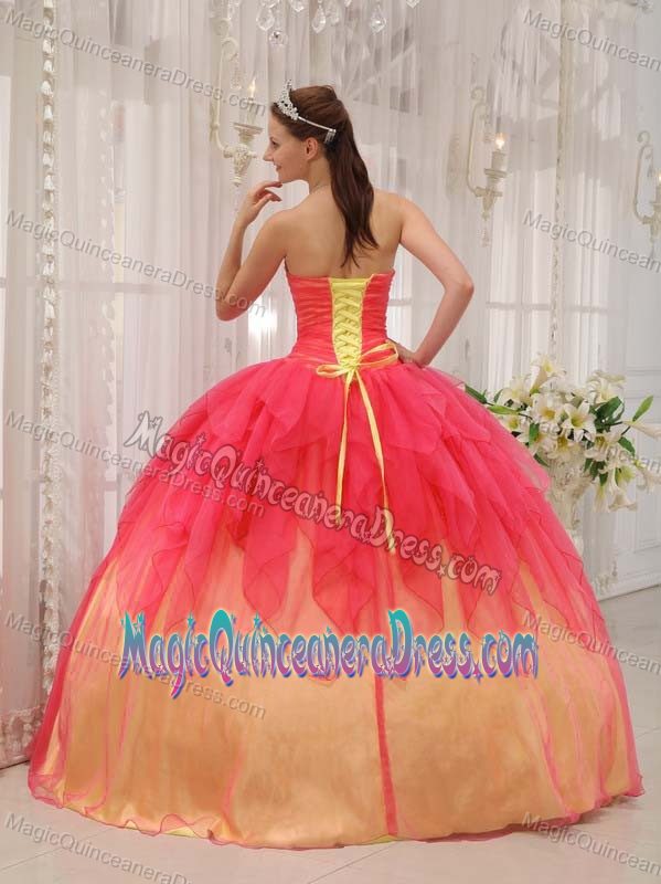 Watermelon Strapless Floor-length Dress for Quinceanera with Beading and Ruching