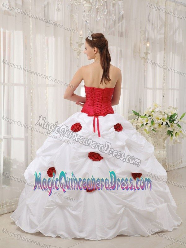 Strapless Floor-length Sweet Sixteen Dress in Red and White with Pic-ups and Flower