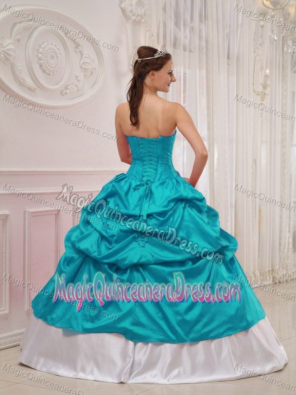 Teal and White Sweetheart Princess Dress for Quinceanera with Beading and Pick-ups