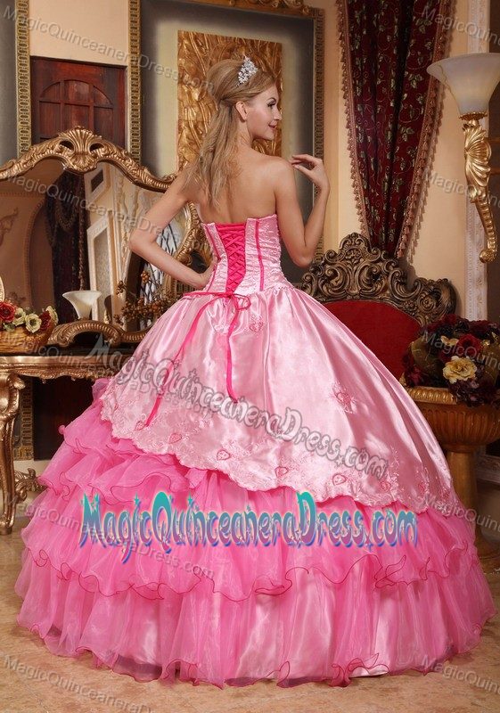 Ruffled Rose Pink Sweetheart Floor-length Dress for Quinceanera with Embroidery