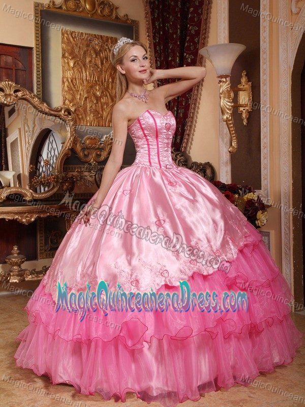 Ruffled Rose Pink Sweetheart Floor-length Dress for Quinceanera with Embroidery