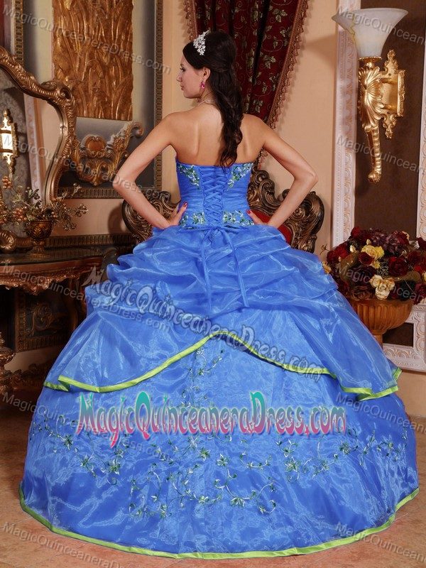 Strapless Floor-length Organza Quinceanera Dress in Blue with Appliques in Avalon