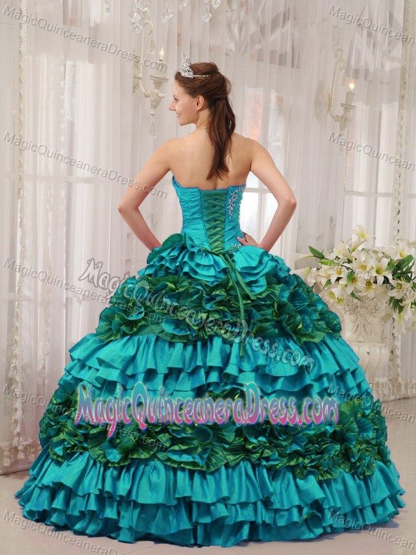 Strapless Floor-length Taffeta Quinceanera Gowns in Teal with Ruffles in Barstow