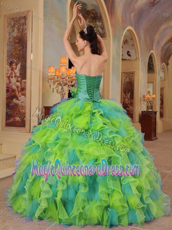 Cheap Yellow and Green Sweetheart Sweet Sixteen Quinceanera Dress with Ruffles