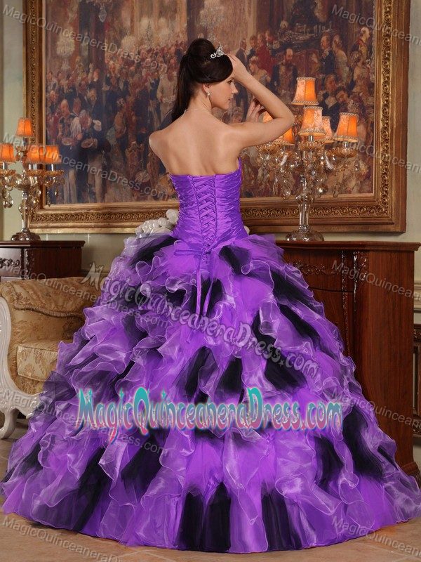 Ruffled Purple and Black Princess Dress for Quinceanera with Beading and Ruches