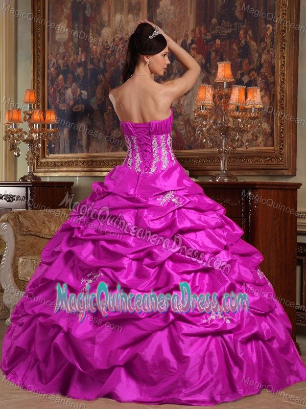 Appliqued Strapless Floor-length Sweet Sixteen Dresses in Fuchsia with Pick-ups