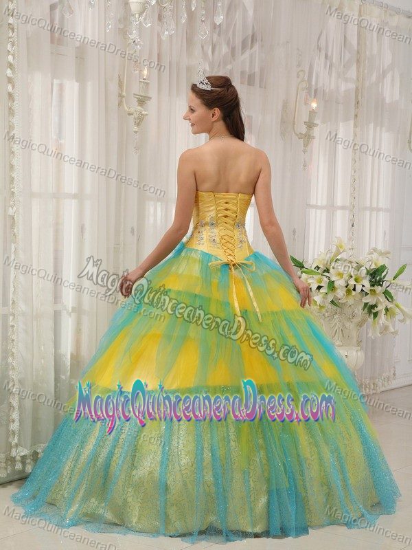 Yellow and Blue Strapless Floor-length Quinceanera Gowns with Flower in Alviso