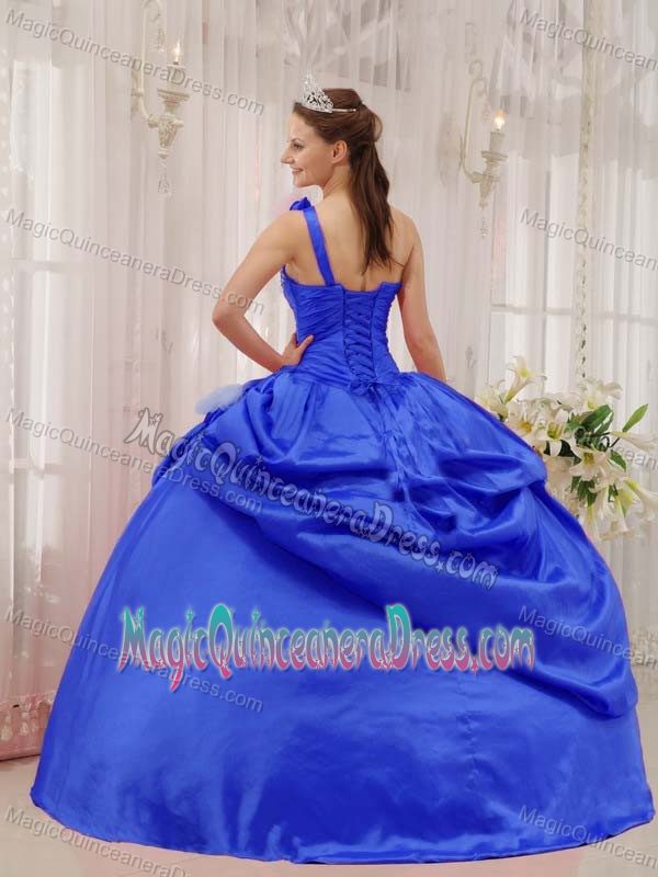 Blue One Shoulder Floor-length Quinceanera Gown Dress with Beading and Flower